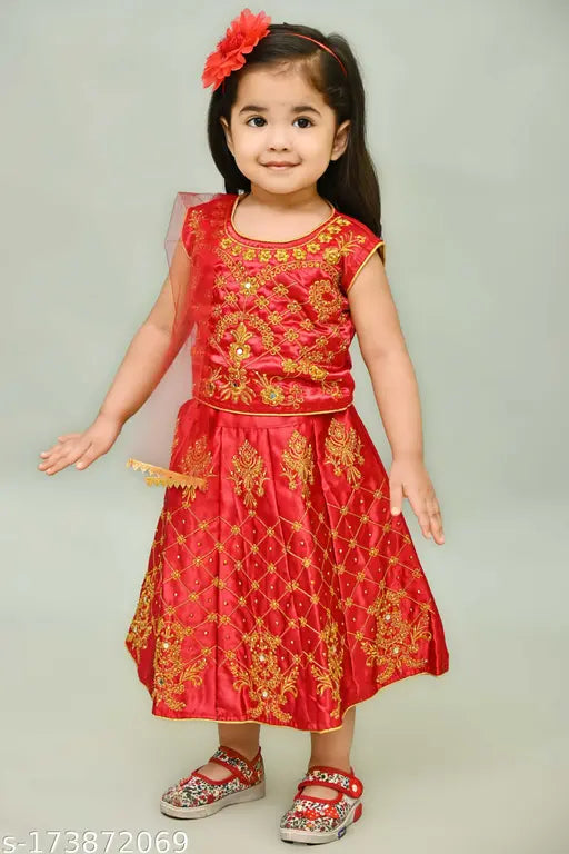 Sleeveless cotton blend lehenga choli with embroidered patterns, net dupatta for toddler parties, Indian origin