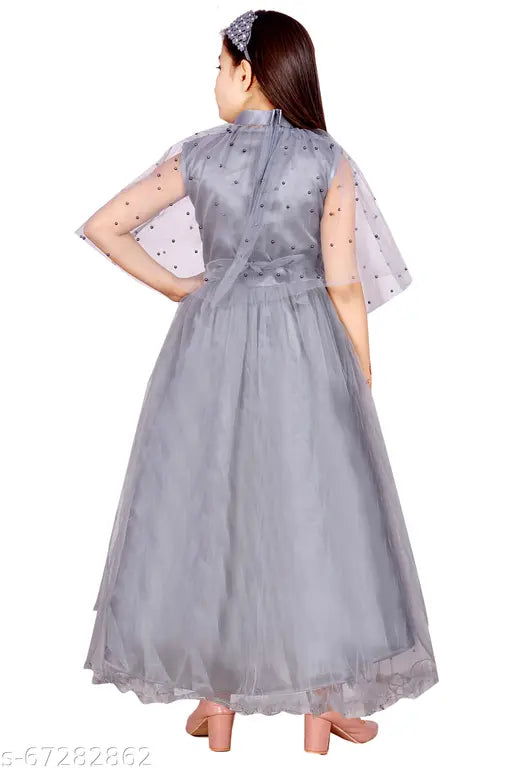Grey net frock dress for girls, single pack with printed pattern, 3-4 to 7-8 years sizes