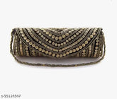Handcrafted black fabric clutch bag - Adorned with Indian embroidery, perfect for parties & weddings, spacious interior, detachable chain sling strap