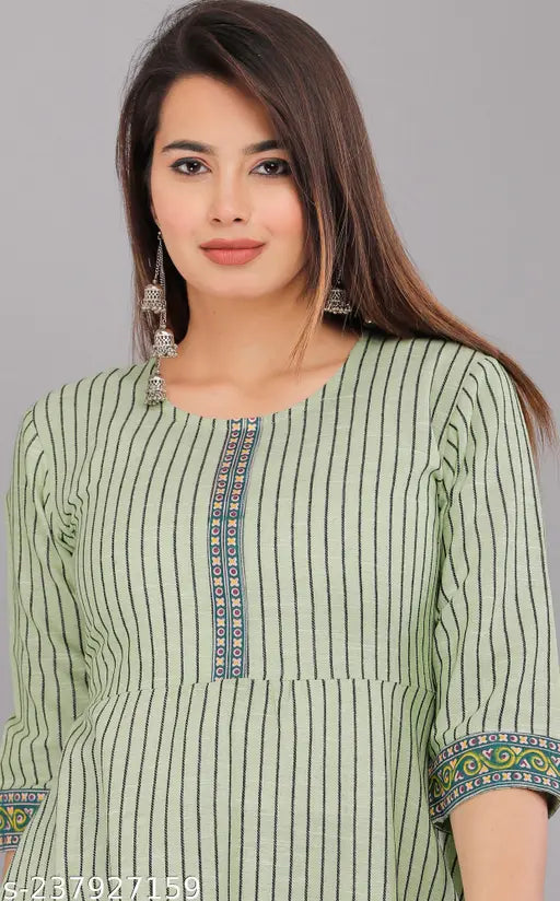 Striped chikankari Anarkali kurti in cotton, three-quarter sleeves, Indian traditional wear for women (S: bust 36in, length 46in)