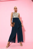 Teal polyester Miss Chase womens solid round neck jumpsuit, relaxed fit, sleeveless, zip closure, 2 side pockets