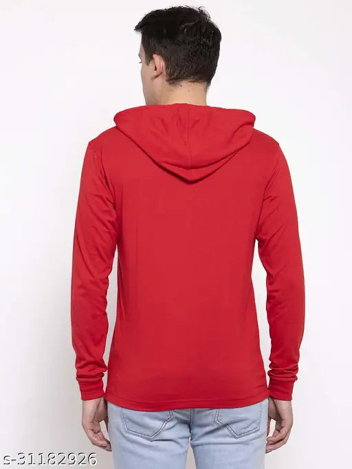 Men's red long-sleeve cotton hoodie, solid color with rib round neck and grip hooded design, available in various sizes from S to XXL, directly manufactured by Friskers, Made in India