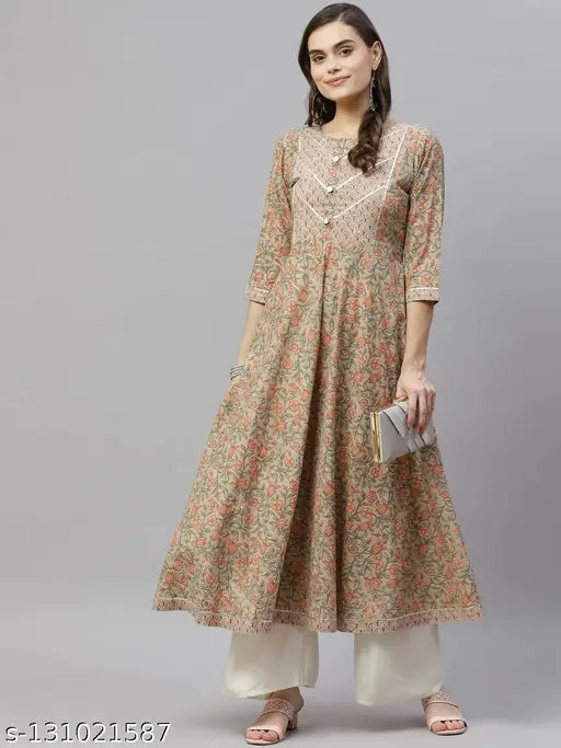 Beige cotton floral printed anarkali kurta for women, short sleeves, ideal for parties