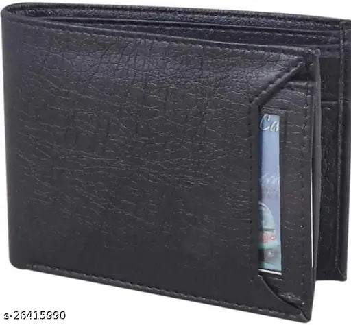 Black leather bi-fold men's wallet with 4 compartments, free size (12cm x 10cm), handcrafted from India