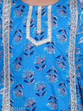 Blue cotton floral print Anarkali flared kurta & pant set for girls, embellished with gota patti work. Perfect for special occasions or festive celebrations. Available in multiple sizes from 18 months to 9-10 years. Made in India