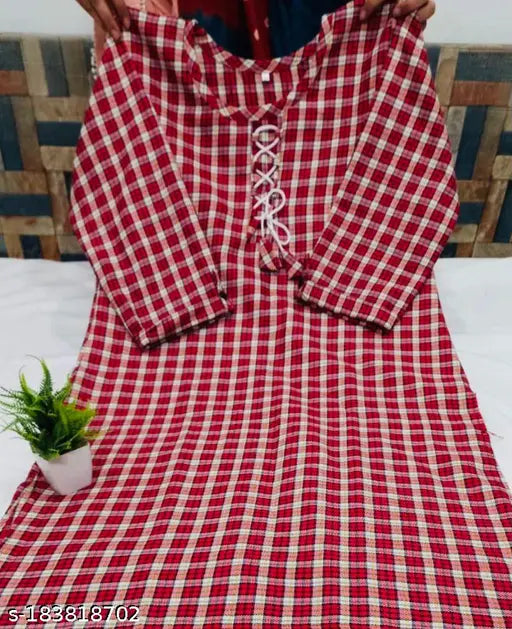 Stylish red multicolor woolen kurti, three-quarter sleeves, checked pattern. Women's ethnic wear top in vibrant colors, suitable for various occasions