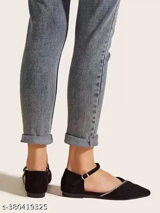 Black suede net bellies for women & girls, buckle pattern, closed back design, casual ornamentation, pointy-toe flats