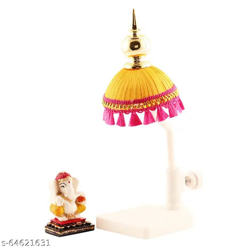 Marble Ganesh Idol, yellow umbrella stand, Indian Hindu god statue for home, office, car, or small temple decor