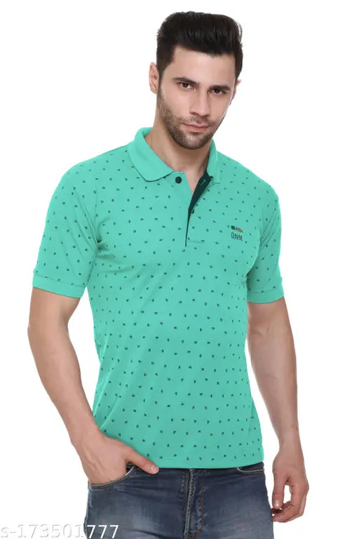 Mintgreen cotton blend polo neck t-shirt for men, printed design on short sleeves