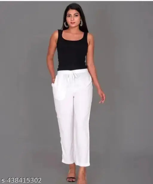 White cotton blend women's pants, solid pattern, versatile sizing from S-XXXL originated in India