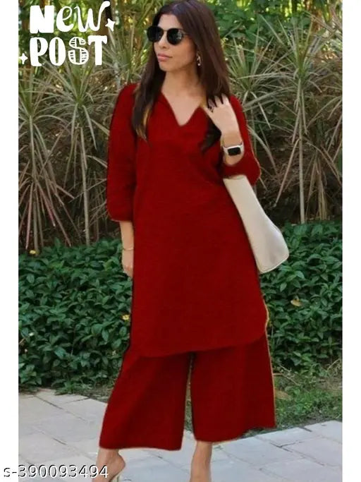 Rayon kurti and palazzos set, solid color three-quarter sleeves rayon fabric, Indian women's fashion on mannequin