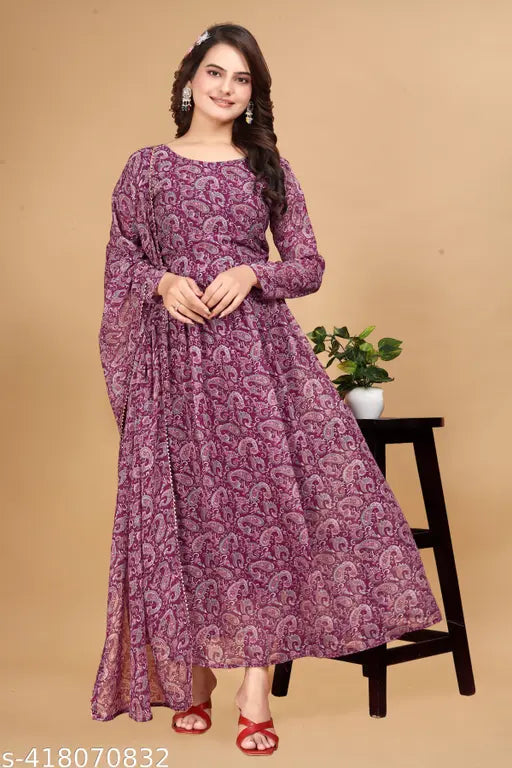 Wine-colored georgette gown & dupatta set, three-quarter sleeves, digitally printed for women, RS Studio clothing collection, India origin