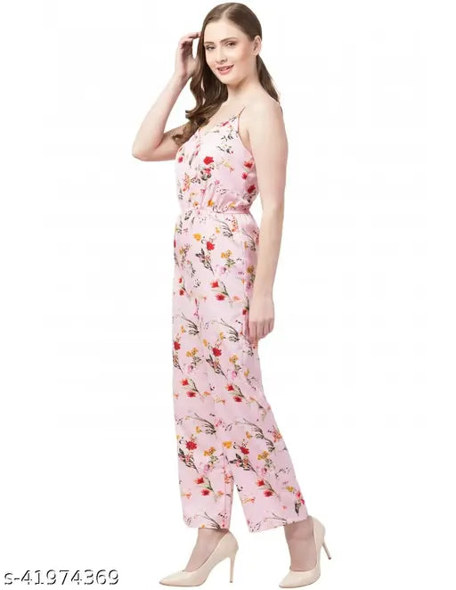 Pink floral print poly crepe Lovelight Western jumpsuit, sleeveless and size L (40in bust, 48in length, 36in waist)