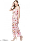 Pink floral print poly crepe Lovelight Western jumpsuit, sleeveless and size L (40in bust, 48in length, 36in waist)