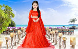 Red, blue, pink, yellow and black designer silk lehenga choli for kids aged 12 years, featuring soft embroidery and a net dupatta. Indian origin