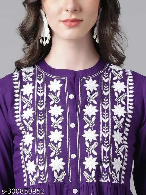 Violet viscose rayon Chikankari embroidered kurti with three-quarter sleeves, ideal for any occasion, made in India