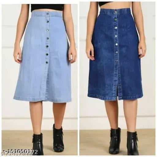 Solid cotton denim skirt for women, elegant fit and straight cut style, available in sizes 28, 30, 32, 36, 38, 40 (India origin)