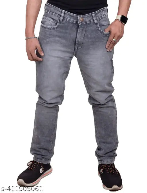 Comfortable grey knitted full-length cotton jeans for men, suitable for party or casual wear. Solid design, size 28/30/34/36, made in India