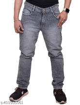 Comfortable grey knitted full-length cotton jeans for men, suitable for party or casual wear. Solid design, size 28/30/34/36, made in India