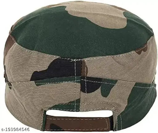 Military camouflage cotton cap, free size with adjustable strap. Indian Army Soldier style, striped net pattern. Quality double-stitched for durability