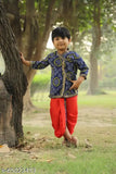 Navy Blue Bandhani Cotton Three-Quarter Sleeve Dhoti Kurta set with adjustable string closure and elastic waistband for children's clothing, Indian print angrakha style paired dhoti pants, size range from 6-24 months to 5-6 years