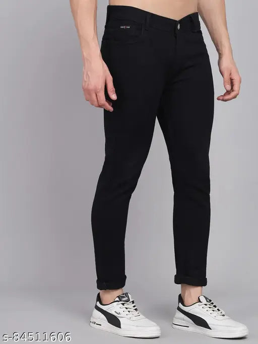Black solid denim men's slim fit jeans by Fude Pride, durable and stretchable fabric for casual or special occasions