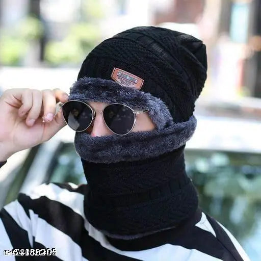 Woolen unisex knit skull cap with neck warmer & scarf, premium quality winter wear for men and women
