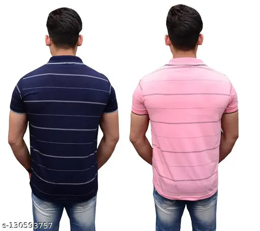 Pink cotton striped men's polo t-shirts pack 2, short sleeves, rapid dry fabric