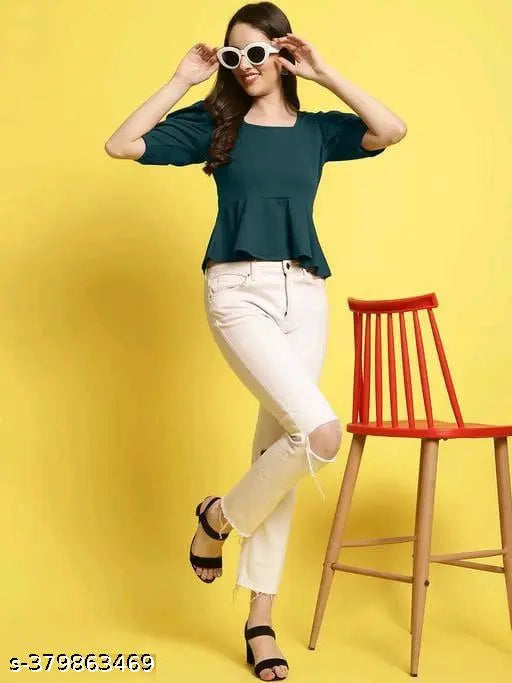 Classic elegant women's tunic tops in Lycra with short sleeves, solid net, size M, made in India