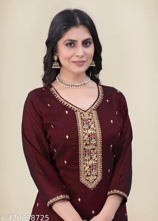 Vichita Silk Embroidered Full Inner Kurta Pant and Dupatta Set, featuring pocketed pants - Indian handcrafted women's silk kurta set