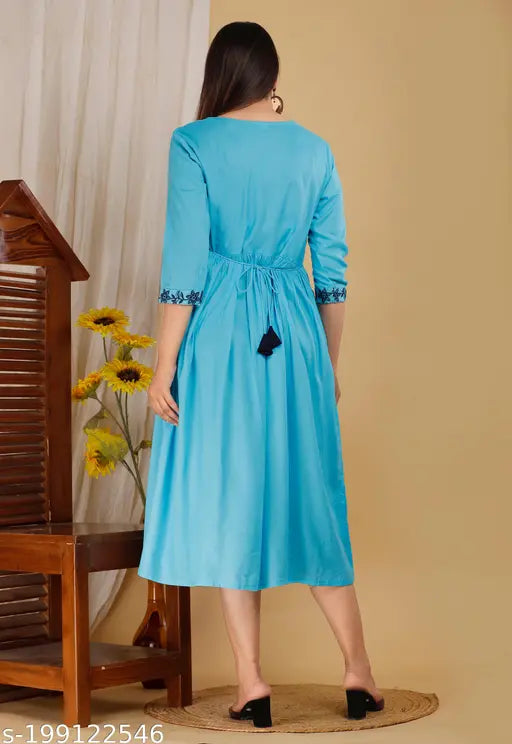 Light Rayon Daisy Embroidered Anarkali Kurti, trendy three-quarter sleeve Indian garment with tashal on display, available in multiple sizes S-XXXXL