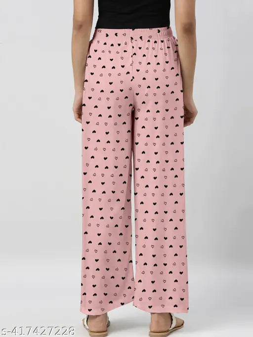 Baby Pink Cotton Printed Pyjamas, payzama for women - charming heart design, classic cut in Indian cotton blend