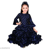 Navy Blue Satin Frock Dress for Girls (3-Quarter Sleeves, Self-Design Net, Single Size 2-3 Years) - Soft, comfortable, and perfect for special occasions like Diwali, Navratri, or Christmas from RK Collection, India