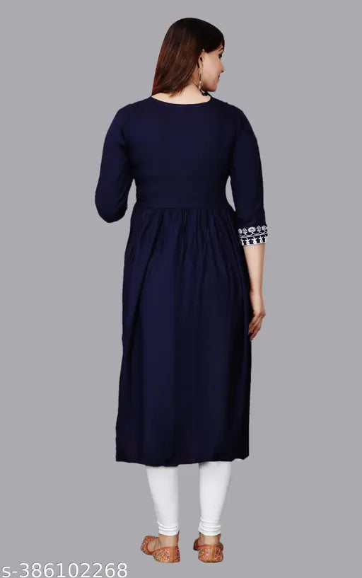 Embroidered Rayon Anarkali kurta for women's casual or wedding wear, three-quarter sleeves, available in various sizes from S to XXXL