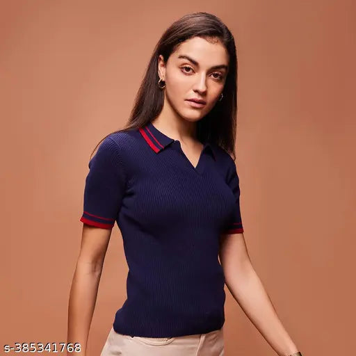 Navy blue cotton short sleeve women's solid polo t-shirt on hanger
