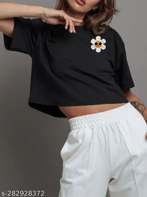 Black cotton blend oversized crop t-shirt with flower print for women & girls, suitable for all body types, loose fit, round neck, half sleeves, made in India