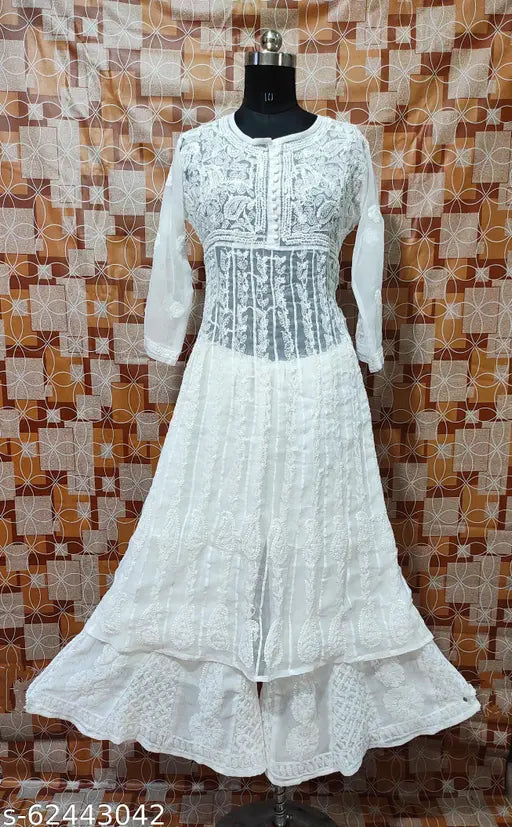 Chikankari embroidered anarkali set in chiffon and georgette, three-quarter sleeves, sharara bottom, India origin