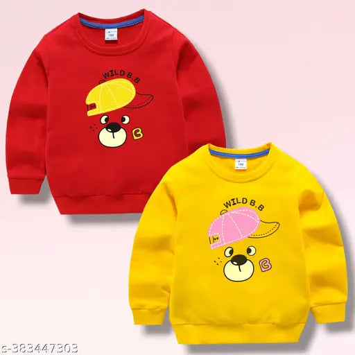 Cotton blend girls sweatshirt pack of 2, printed net, long sleeves - mustard, black, maroon. Classic round neck design. Perfect for cooler days, available in sizes 2-3 Years to 7-8 Years. Made in India