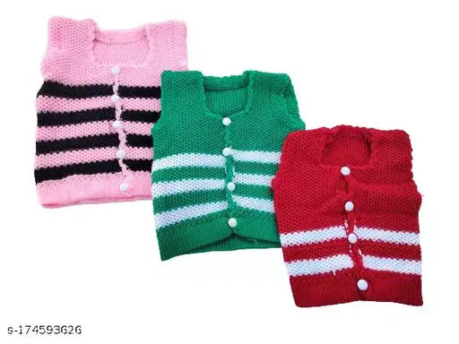 Wool striped sleeveless sweaters for kids (0-3, 3-6, 0-6 months), handmade winter essential pack