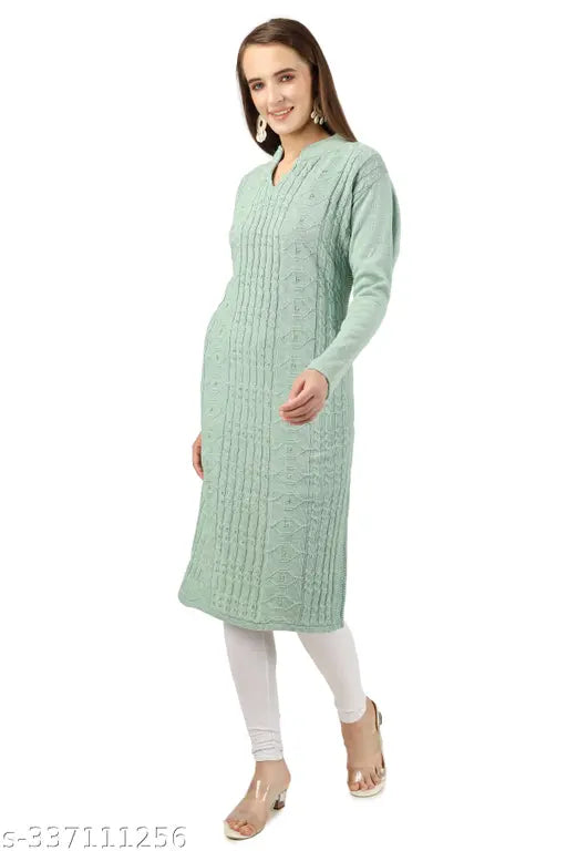 Embroidered woolen kurta set, long sleeves, M size (bust 36in), Indian handcraft