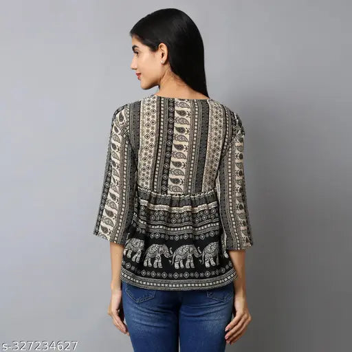 Black paisley printed Georgette tie-up waist empire top, three-quarter sleeves - The Seamsters Crew women's casual wear