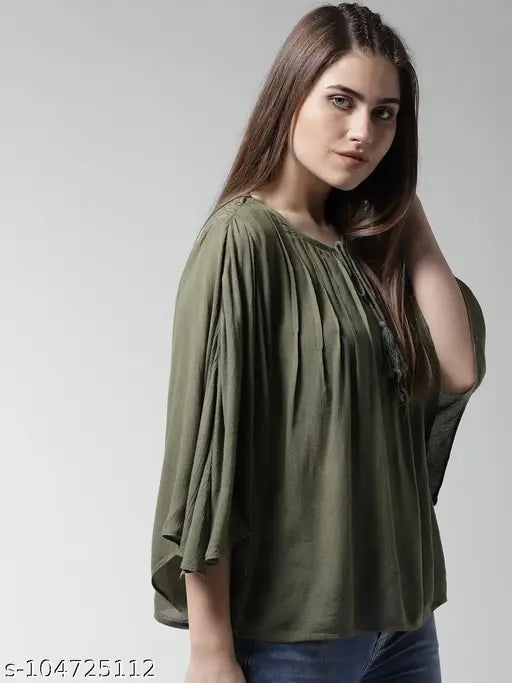 Viscose rayon bell sleeves top, solid net, pintuck detailing, keyhole neck, drawcord neck - La Zoire S or L size