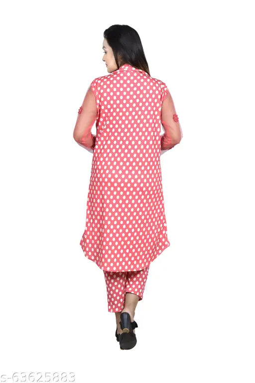 Polka print cotton blend maxi jumpsuit with shrug top and pant for women - Indian party wear dress with long sleeves and breathable lining