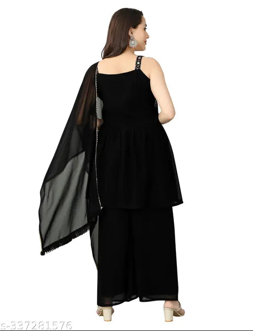 Georgette sharara kurta set with dupatta, printed pattern, three-quarter sleeves. Indian women's fashion, heavy embroidery on georgette fabric