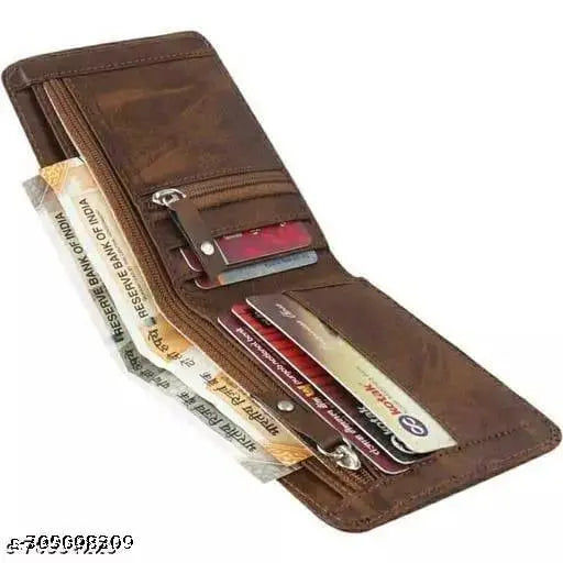 Brown faux leather wallet, Fz Star brand, features two zip compartments for currency and coins, five card slots, classic design, hand-stitched, made in India