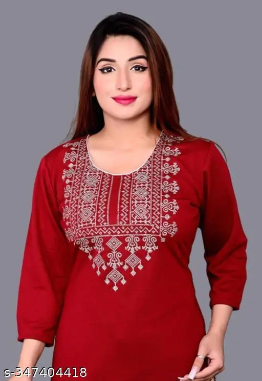 Woolen cotton blend three-quarter sleeve winter kurti, solid color with floral hand embroidery and lace detailing, ethnic wear from The Shamiksha Fashion Point