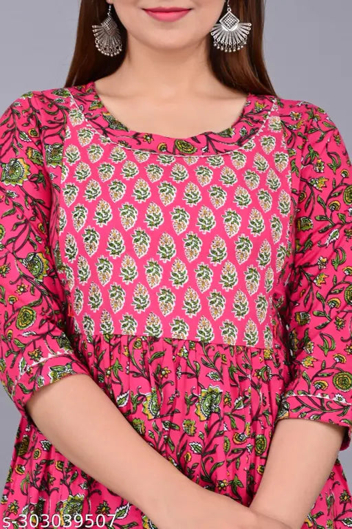 Pink cotton maternity anarkali kurti with feeding zip, 3/4 sleeves, India