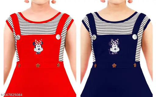Cotton sleeveless girls party wear dresses combo, vibrant red and blue printed net, trendy fashion for ages 2-11 years