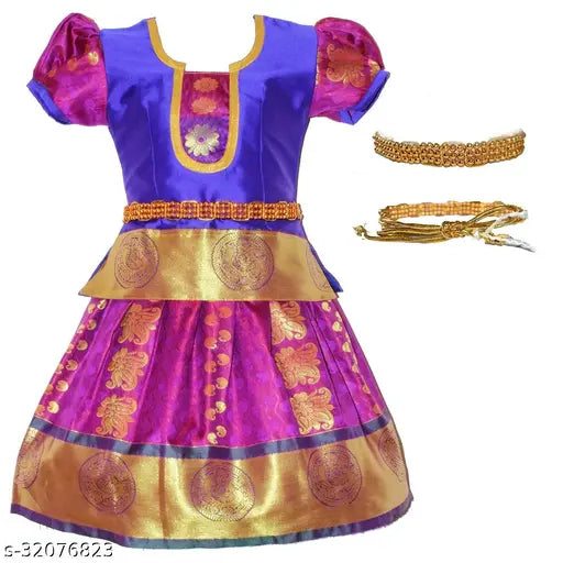 Cotton Madhura pattu Lehenga Choli for kids, solid-colored with waist belt, traditional Indian clothing