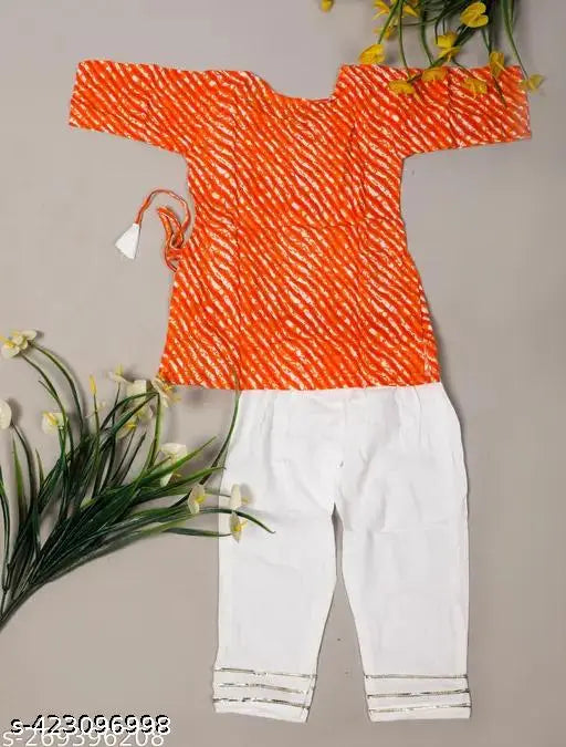 Pure cotton Leheriya partywear kurti & pant set for baby girl, A-line shape with three-quarter sleeves, India origin